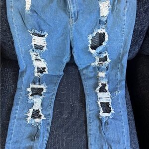 Forever 21 Light Blue Skinny Jeans with Black Fishnet Insets